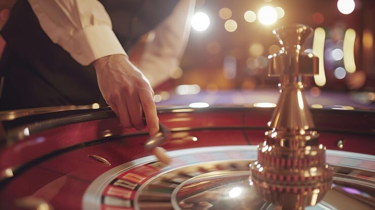 Roulette wheel spinning with betting interface on phone